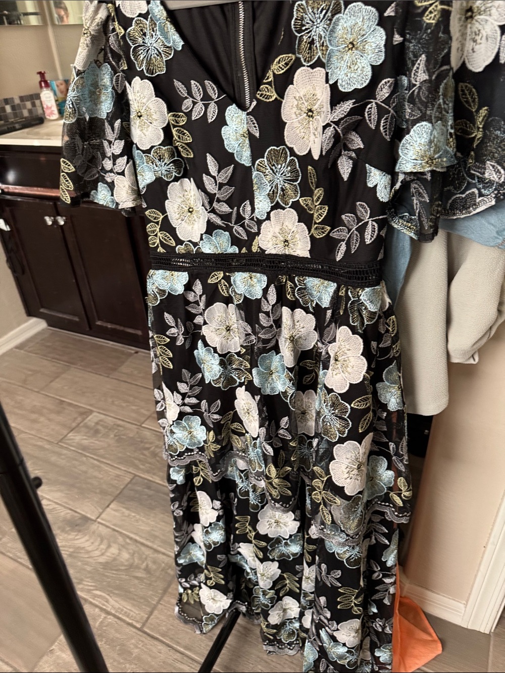 Black Floral Midi Dress with Blue and White EmbroideryJust Me M